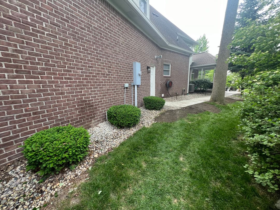 Lush green lawn beside brick house with neatly trimmed shrubs and gravel pathway.