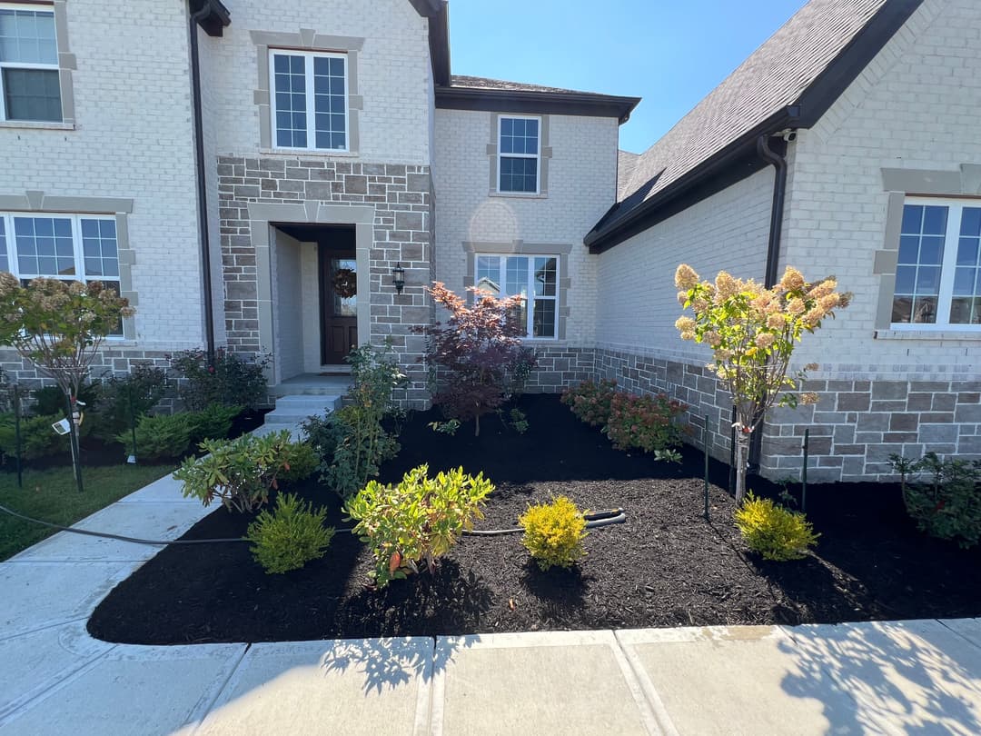 Front of a house with stone accents, landscaped garden, and clear blue sky.