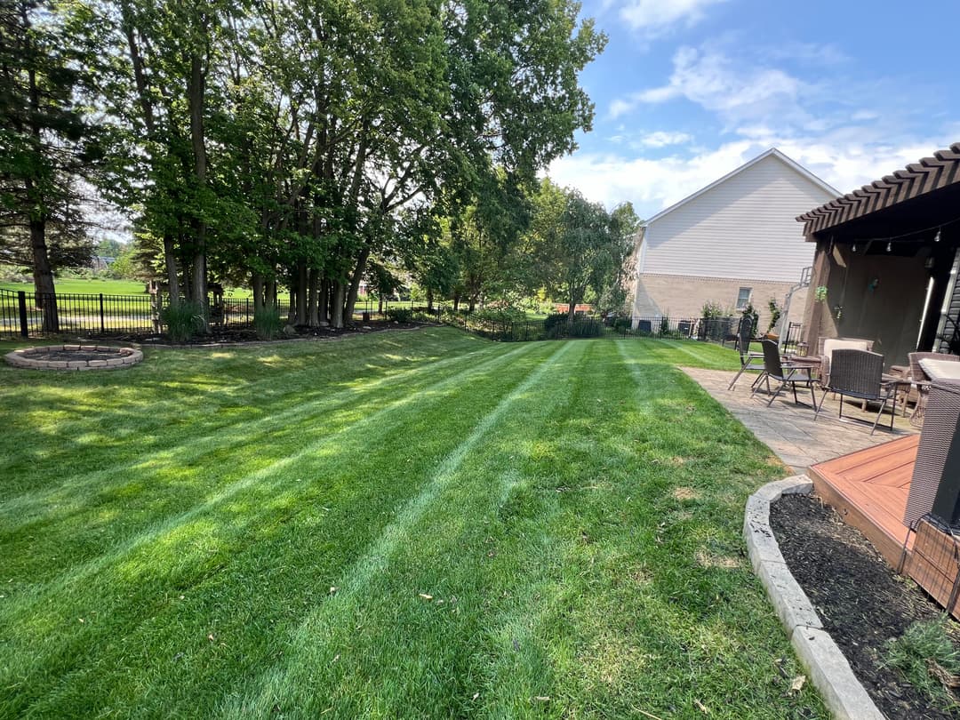 Lush green lawn with striped grass, trees lining the background, and a patio area.