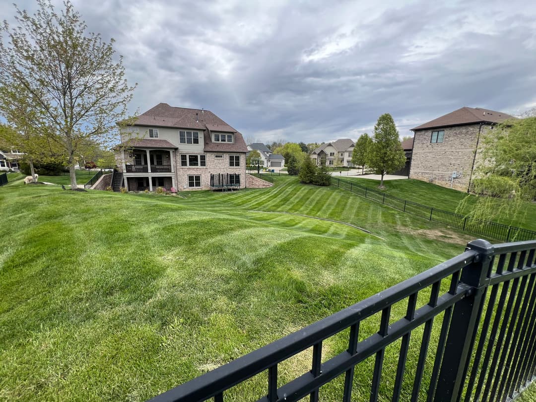 Lush green lawn and modern homes under a cloudy sky in a residential neighborhood.