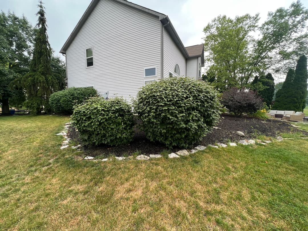 Garden landscape featuring lush bushes, stone border, and a home exterior in the background.