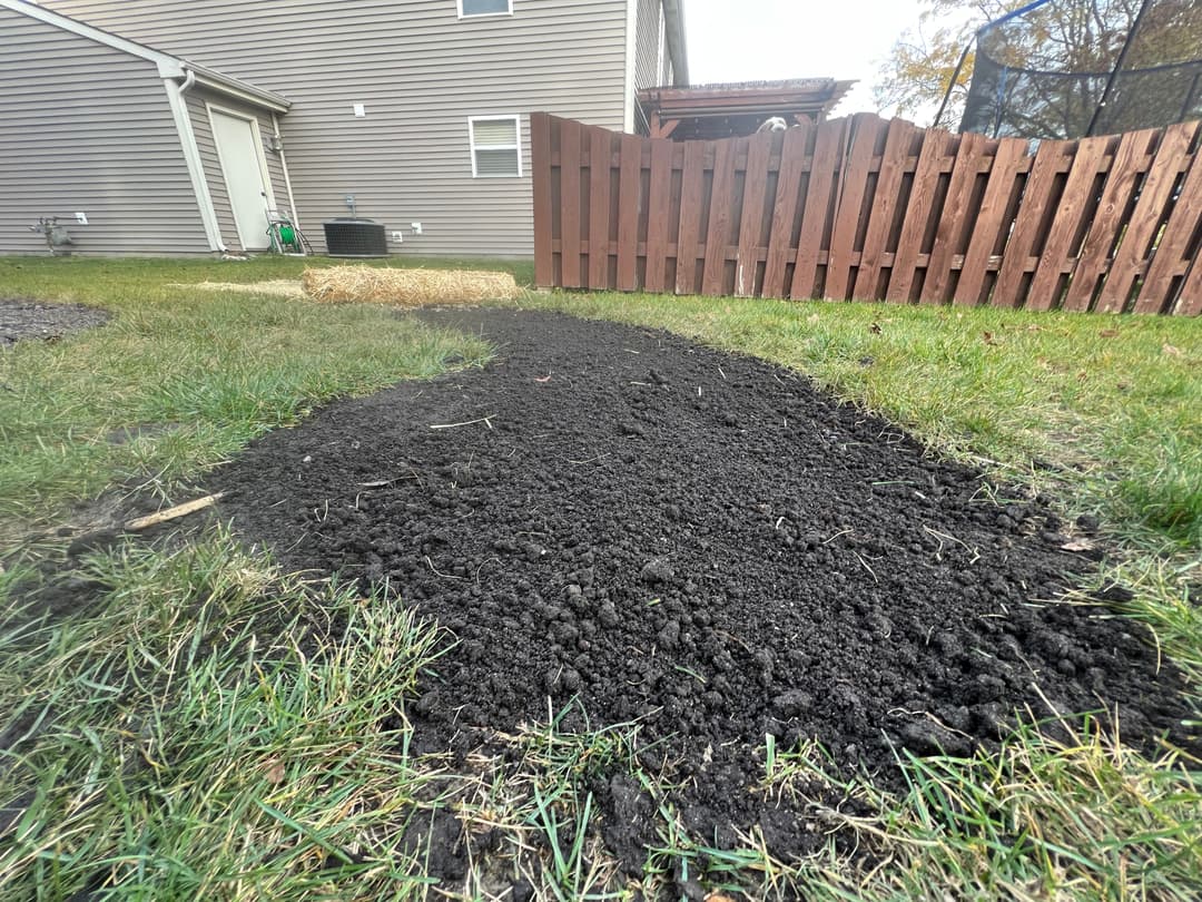 Freshly tilled dark soil in a grassy yard, with a wooden fence and shed in the background.